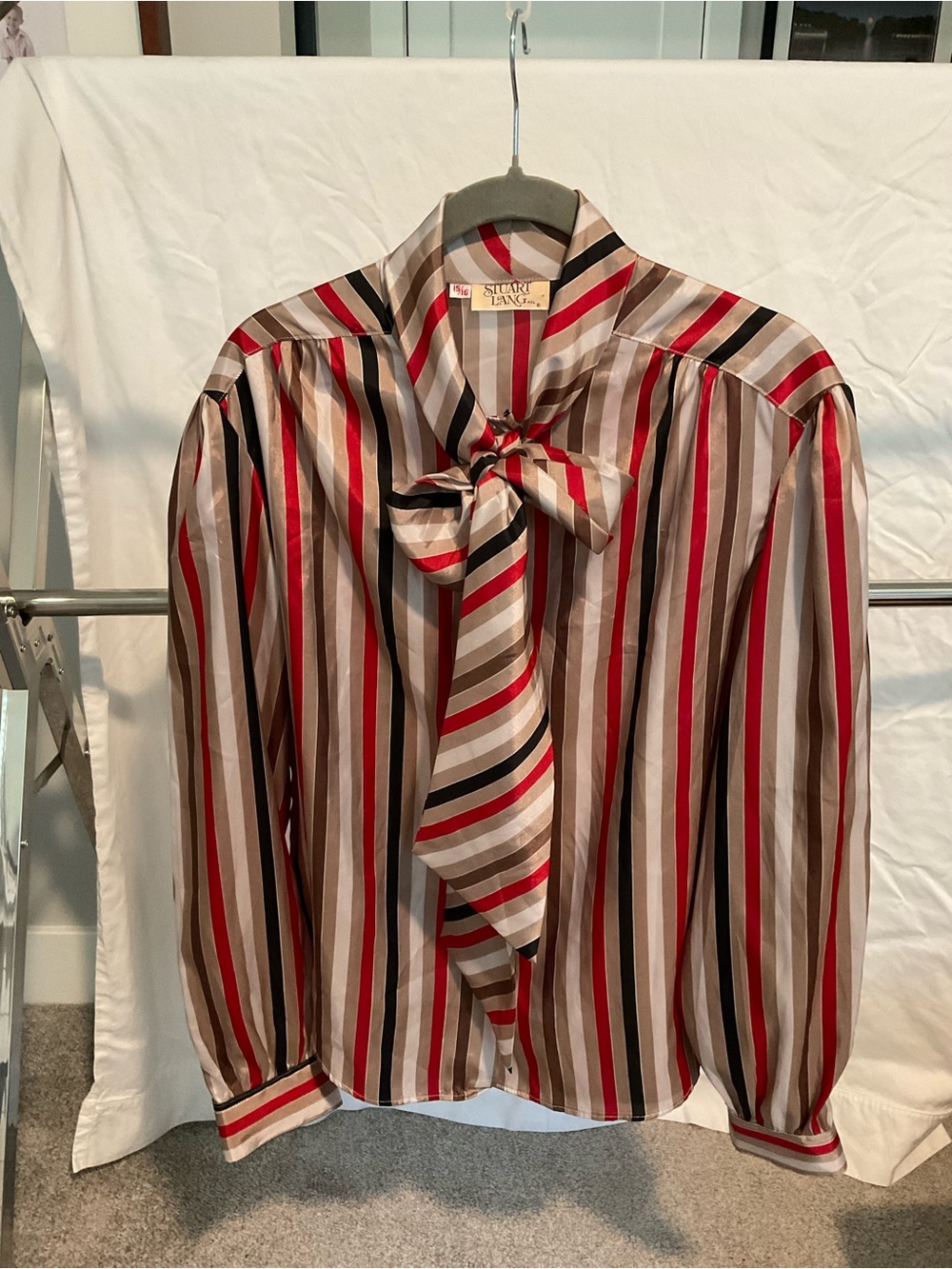 Vintage 80s Stuart Lang Satin Striped Bow Blouse 15/16 M/L